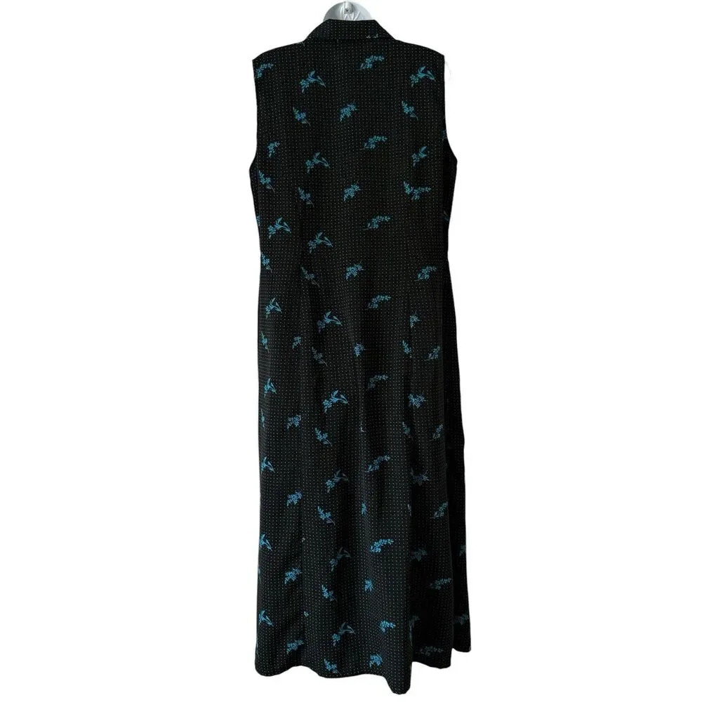 Studio I Shirt Dress Womens 12W Black Blue Floral Polka Dot Sleeveless Cottage